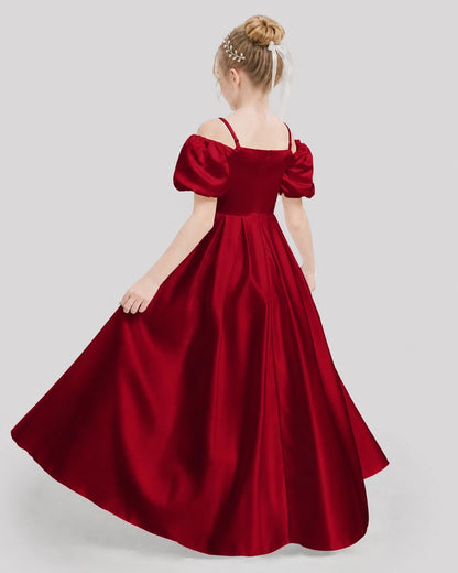 Dideyttawl Off the Shoulder Puff Sleeve Satin Girl Formal Dress