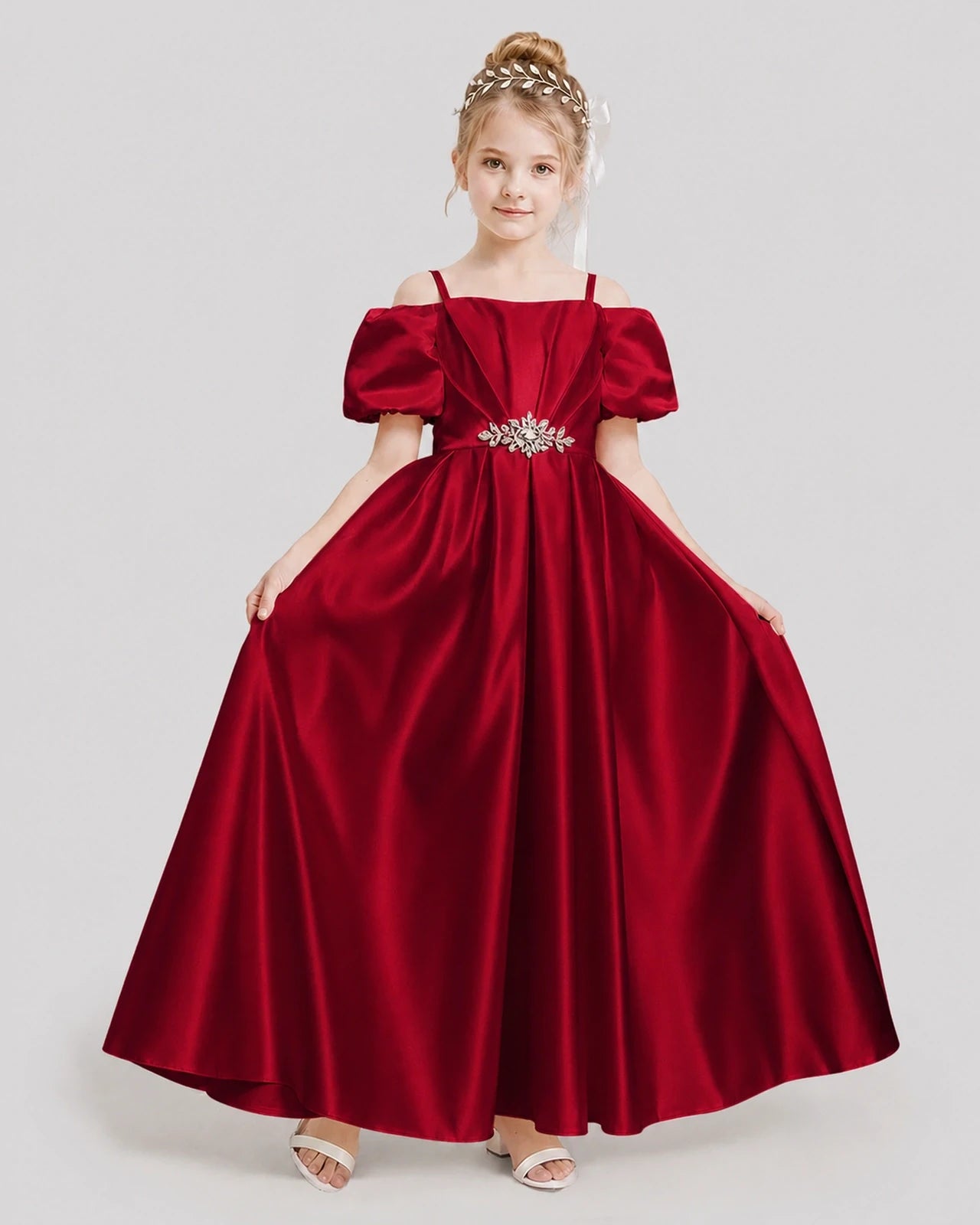 Dideyttawl Off the Shoulder Puff Sleeve Satin Girl Formal Dress