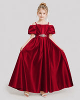 Burgundy Satin Off-the-Shoulder Girls Formal Dresses Front View