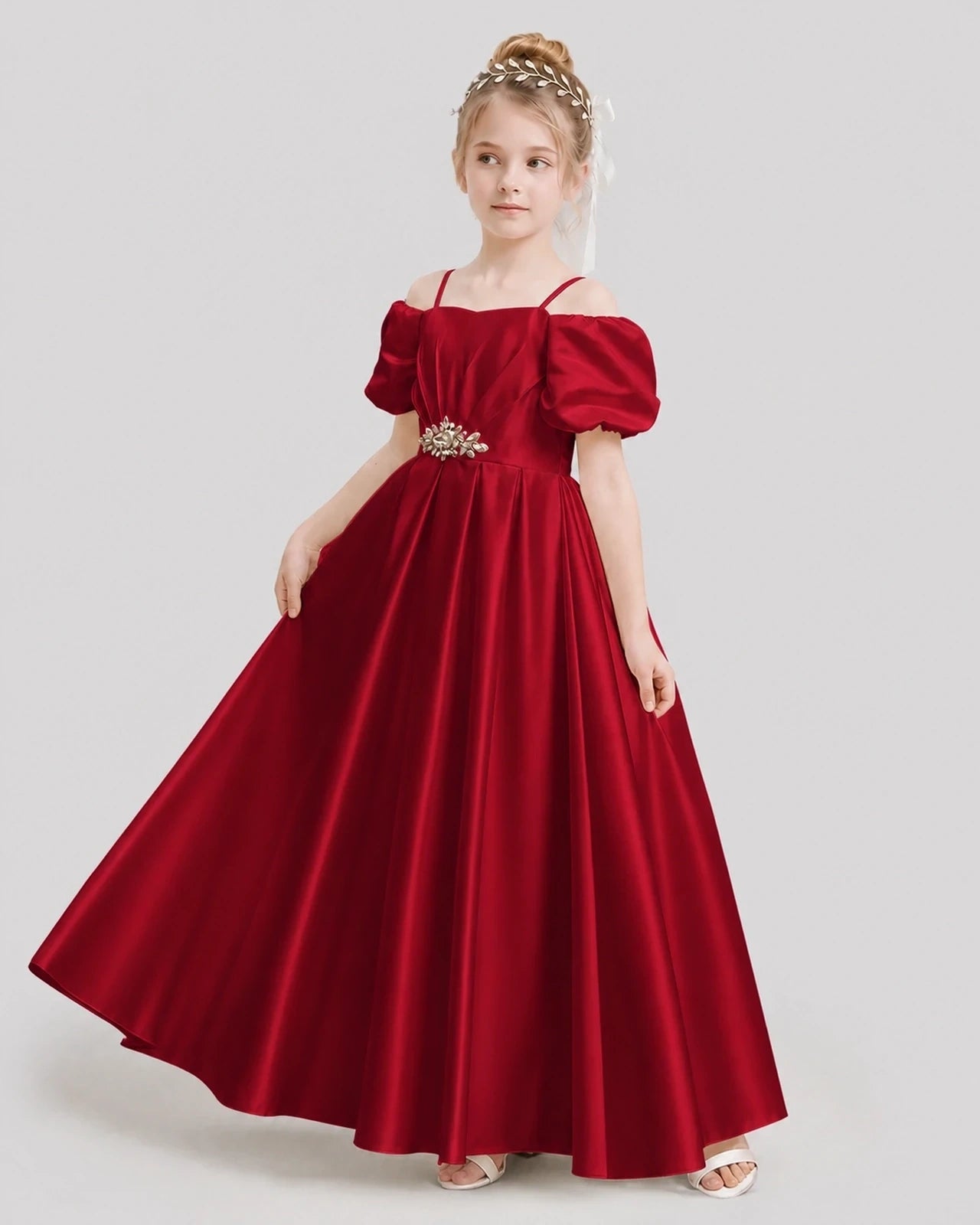 Dideyttawl Off the Shoulder Puff Sleeve Satin Girl Formal Dress