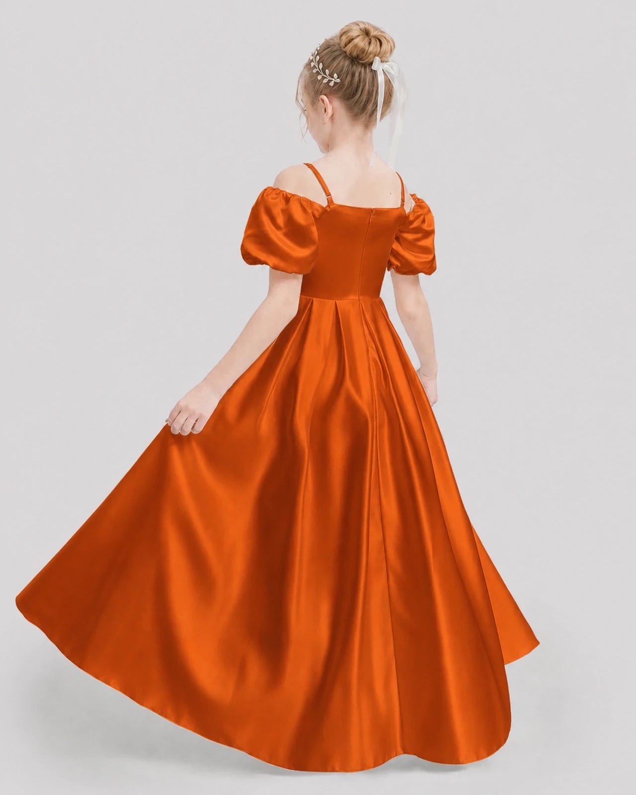 Dideyttawl Off the Shoulder Puff Sleeve Satin Girl Formal Dress