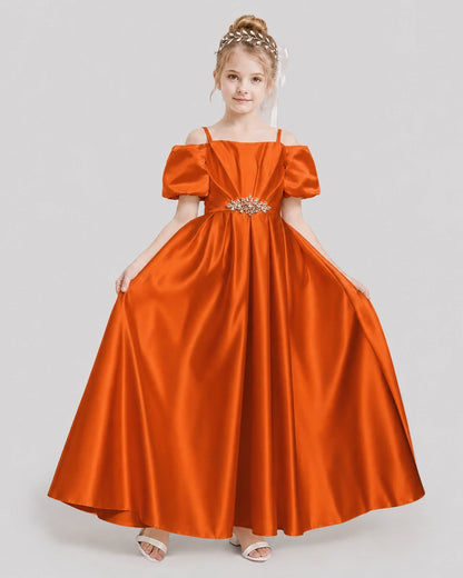 Dideyttawl Off the Shoulder Puff Sleeve Satin Girl Formal Dress