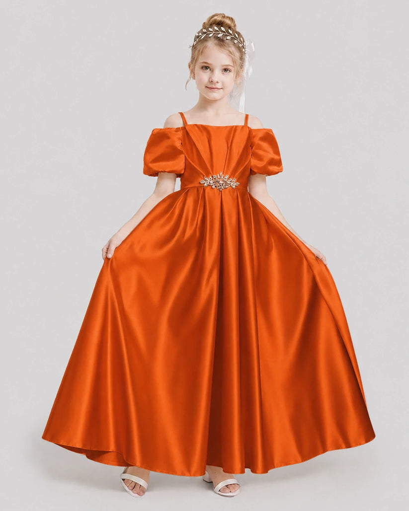 Burnt Orange Satin Off-The-Shoulder Girls Formal Dresses Front View