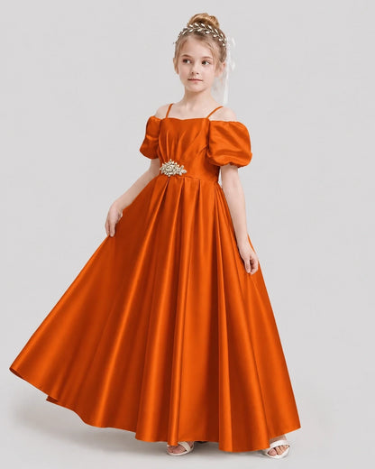 Dideyttawl Off the Shoulder Puff Sleeve Satin Girl Formal Dress