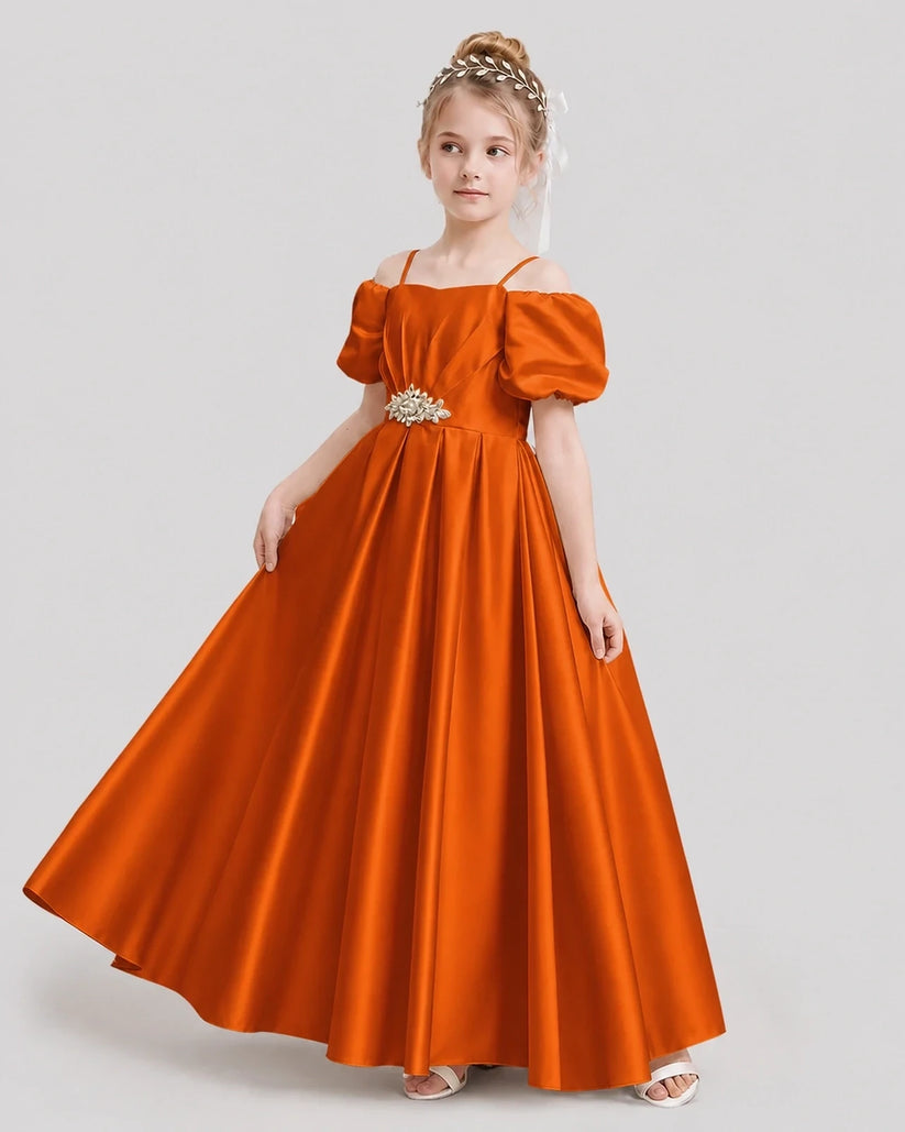 Burnt Orange Satin Cold Shoulder Girls Formal Dresses Side View