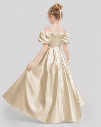 Dideyttawl Off the Shoulder Puff Sleeve Satin Girl Formal Dress