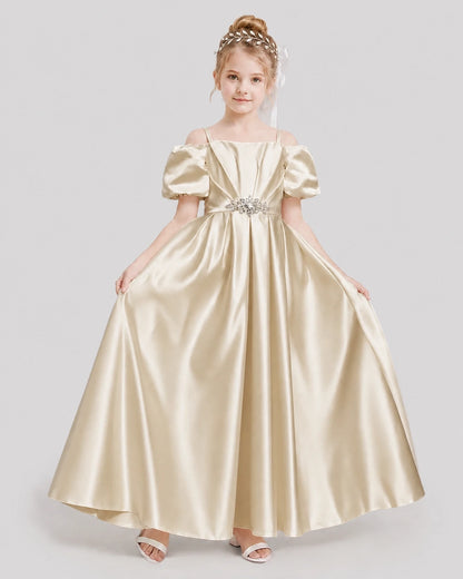 Dideyttawl Off the Shoulder Puff Sleeve Satin Girl Formal Dress