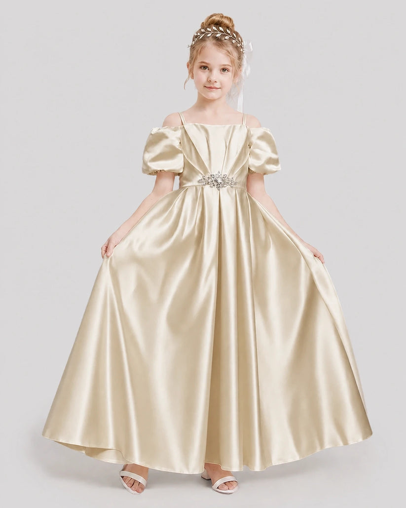 Champagne Satin A-Line Girls Formal Dresses Front View