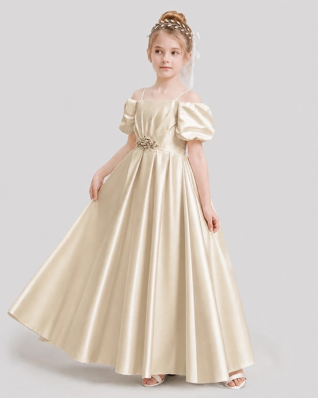 Dideyttawl Off the Shoulder Puff Sleeve Satin Girl Formal Dress