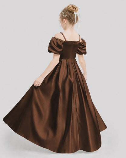 Dideyttawl Off the Shoulder Puff Sleeve Satin Girl Formal Dress