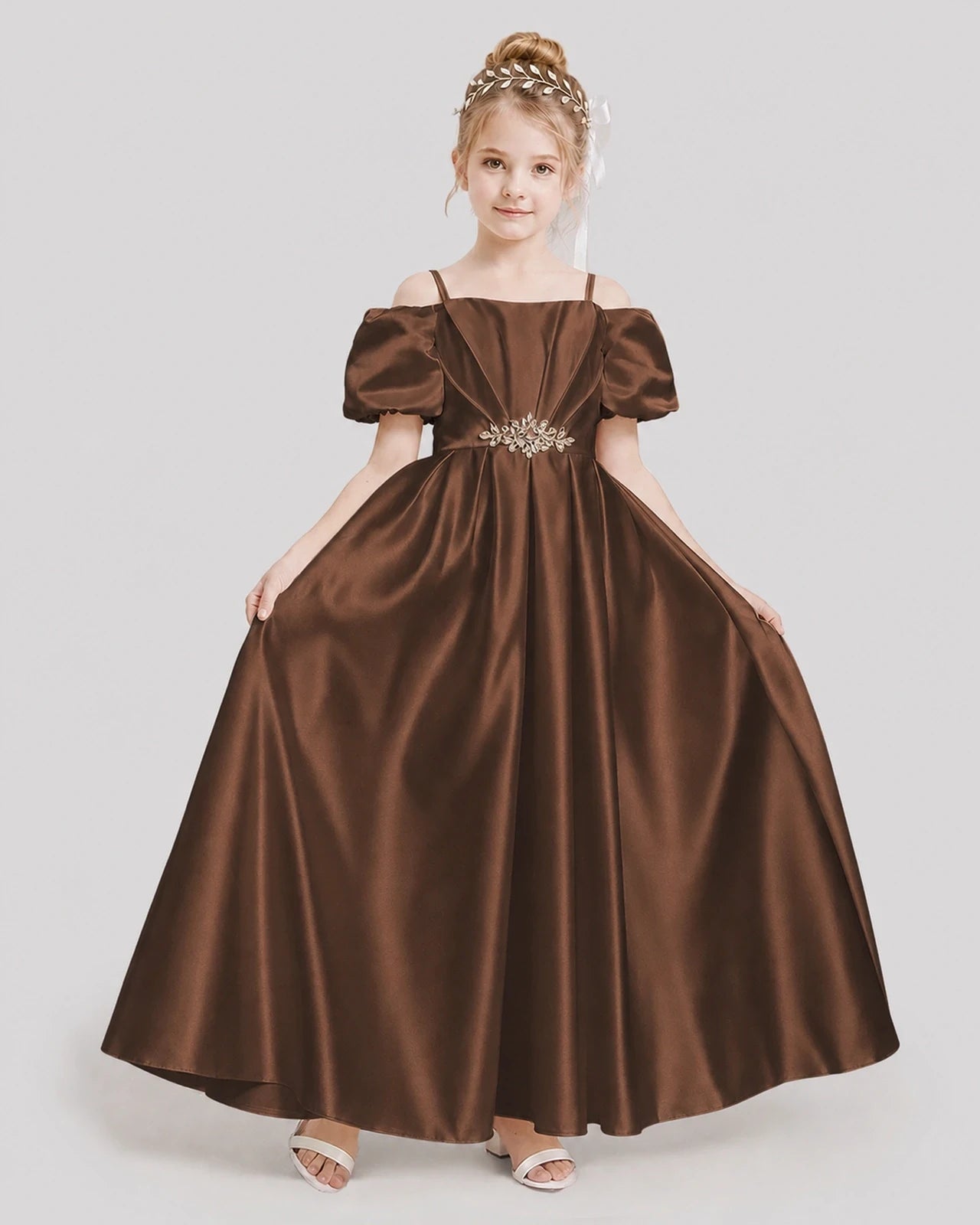 Dideyttawl Off the Shoulder Puff Sleeve Satin Girl Formal Dress