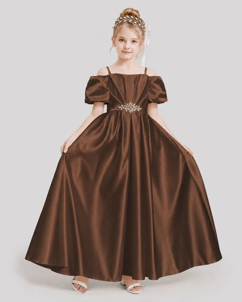 Chocolate Satin Off-The-Shoulder A-Line Girls Formal Dresses Front View