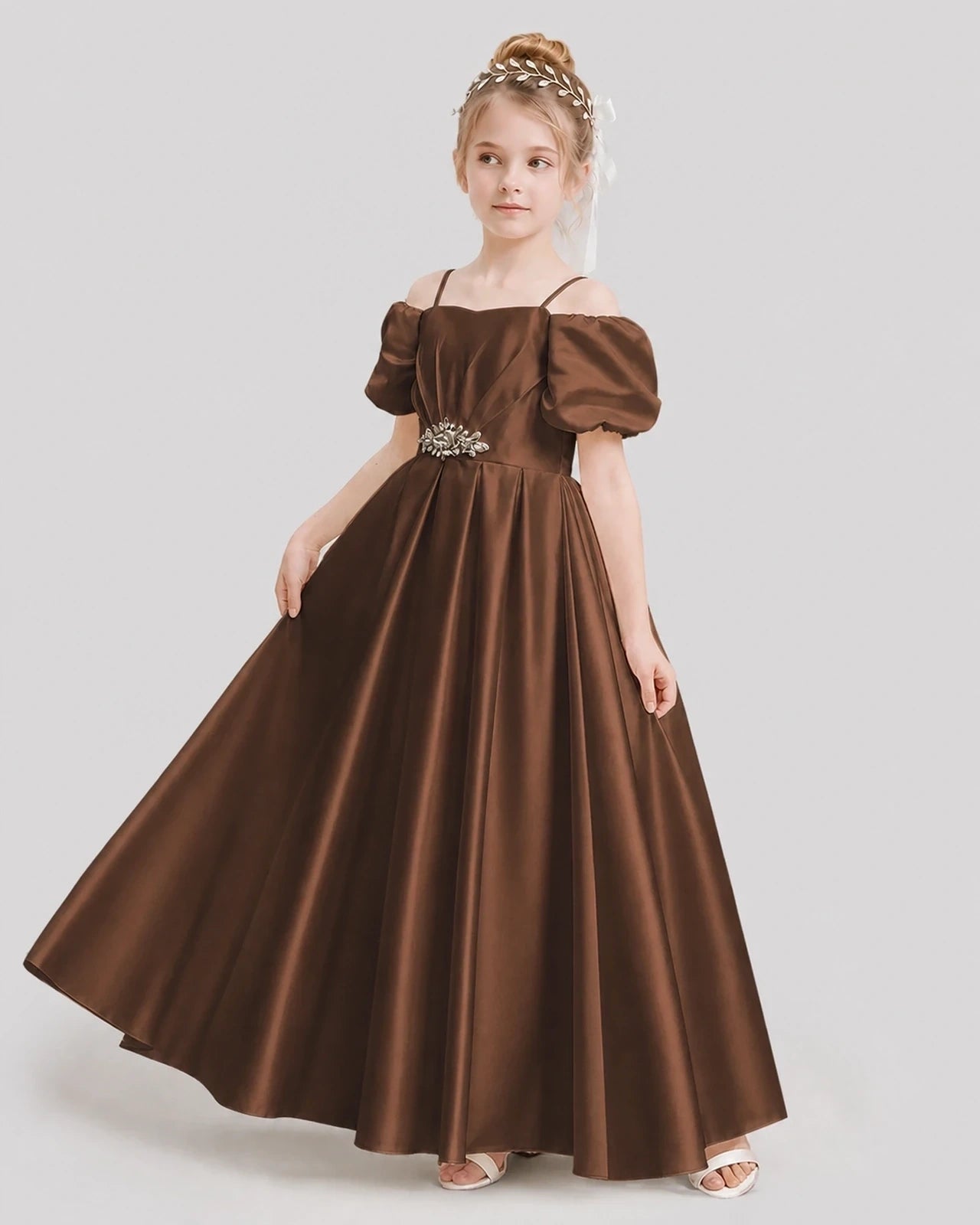 Dideyttawl Off the Shoulder Puff Sleeve Satin Girl Formal Dress