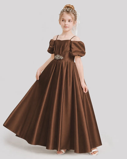 Dideyttawl Off the Shoulder Puff Sleeve Satin Girl Formal Dress