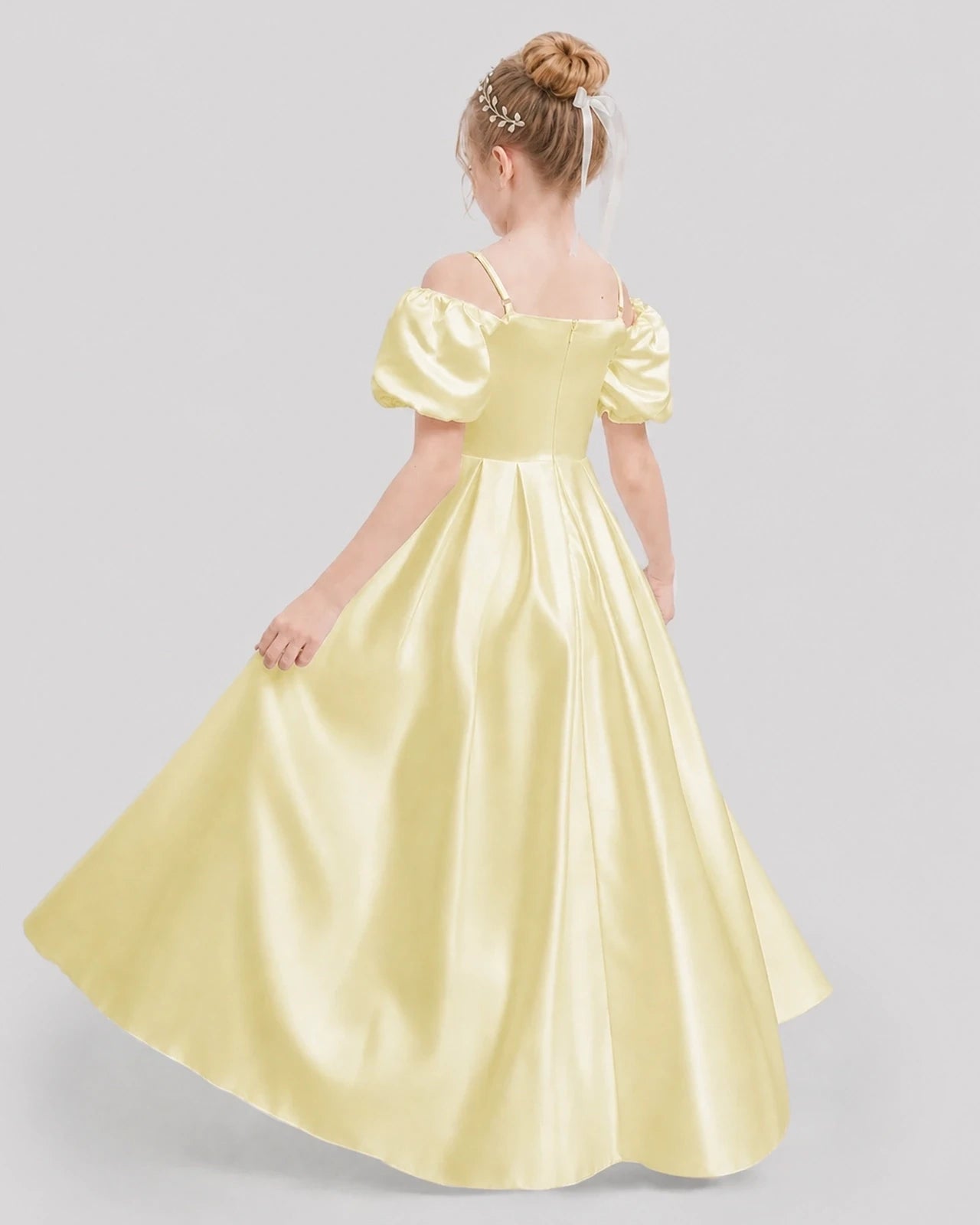 Dideyttawl Off the Shoulder Puff Sleeve Satin Girl Formal Dress