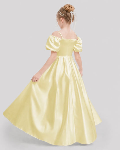 Dideyttawl Off the Shoulder Puff Sleeve Satin Girl Formal Dress
