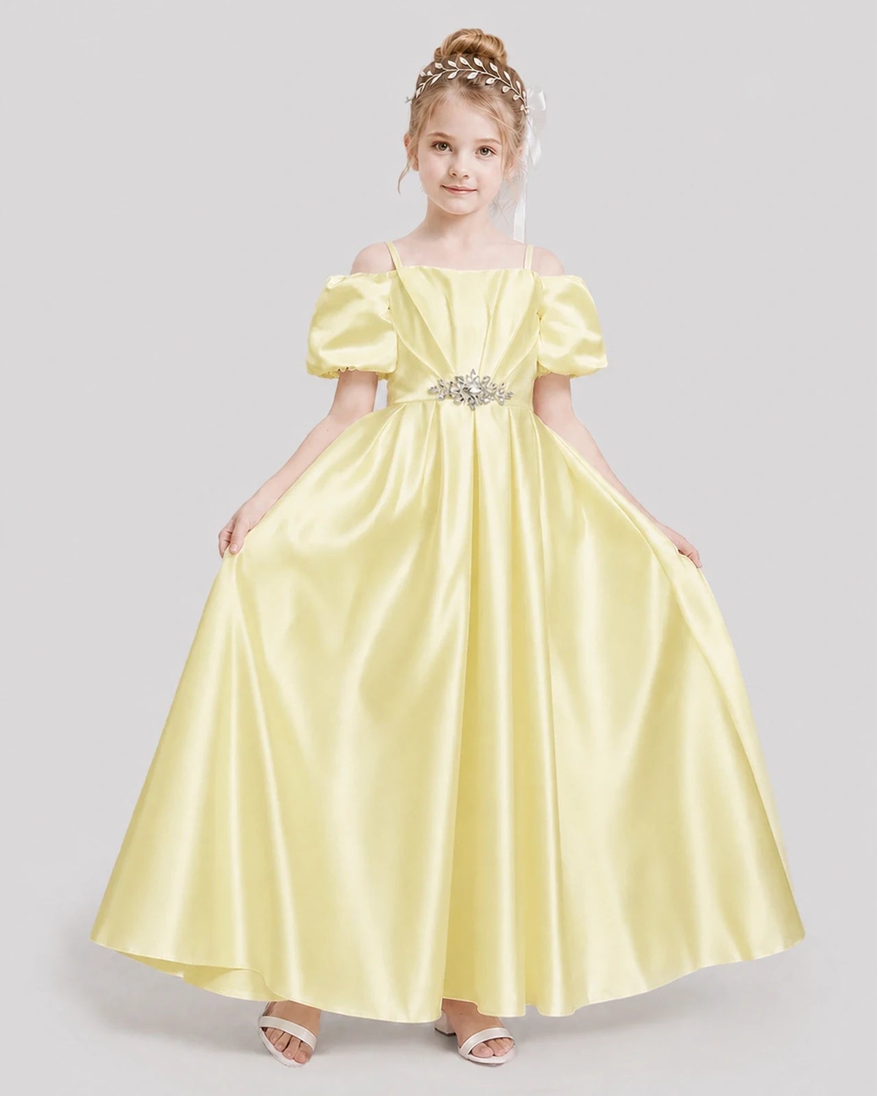 Dideyttawl Off the Shoulder Puff Sleeve Satin Girl Formal Dress