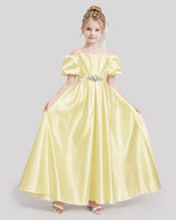Daffodil Satin Off Shoulder A-Line Girls Formal Dresses Front View