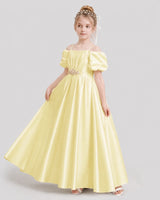 Daffodil Satin Off Shoulder A-Line Girls Formal Dresses Side View
