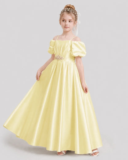 Dideyttawl Off the Shoulder Puff Sleeve Satin Girl Formal Dress