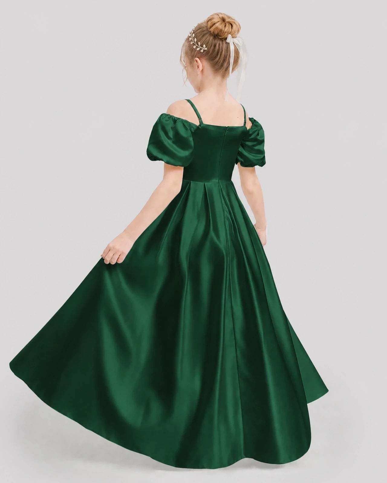 Dideyttawl Off the Shoulder Puff Sleeve Satin Girl Formal Dress