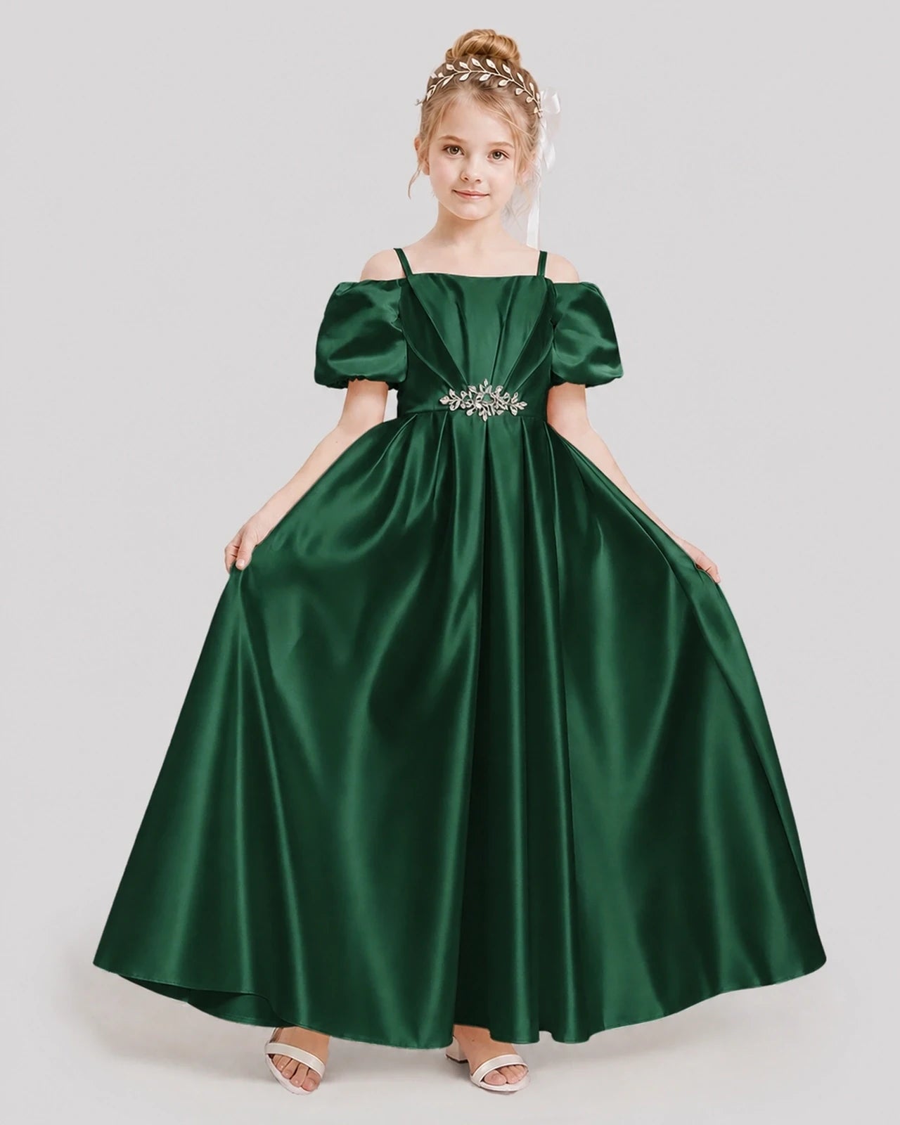 Dideyttawl Off the Shoulder Puff Sleeve Satin Girl Formal Dress