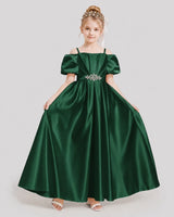 Dark Green Satin Off-Shoulder Girls Formal Dresses Front View
