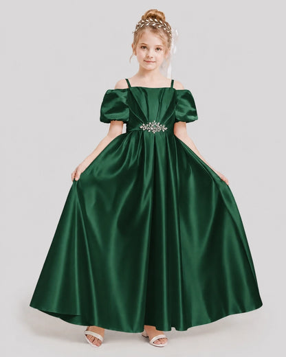 Dideyttawl Off the Shoulder Puff Sleeve Satin Girl Formal Dress