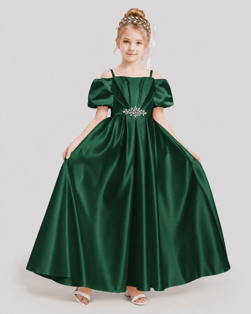 Dark Green Satin Off-Shoulder Girls Formal Dresses Front View