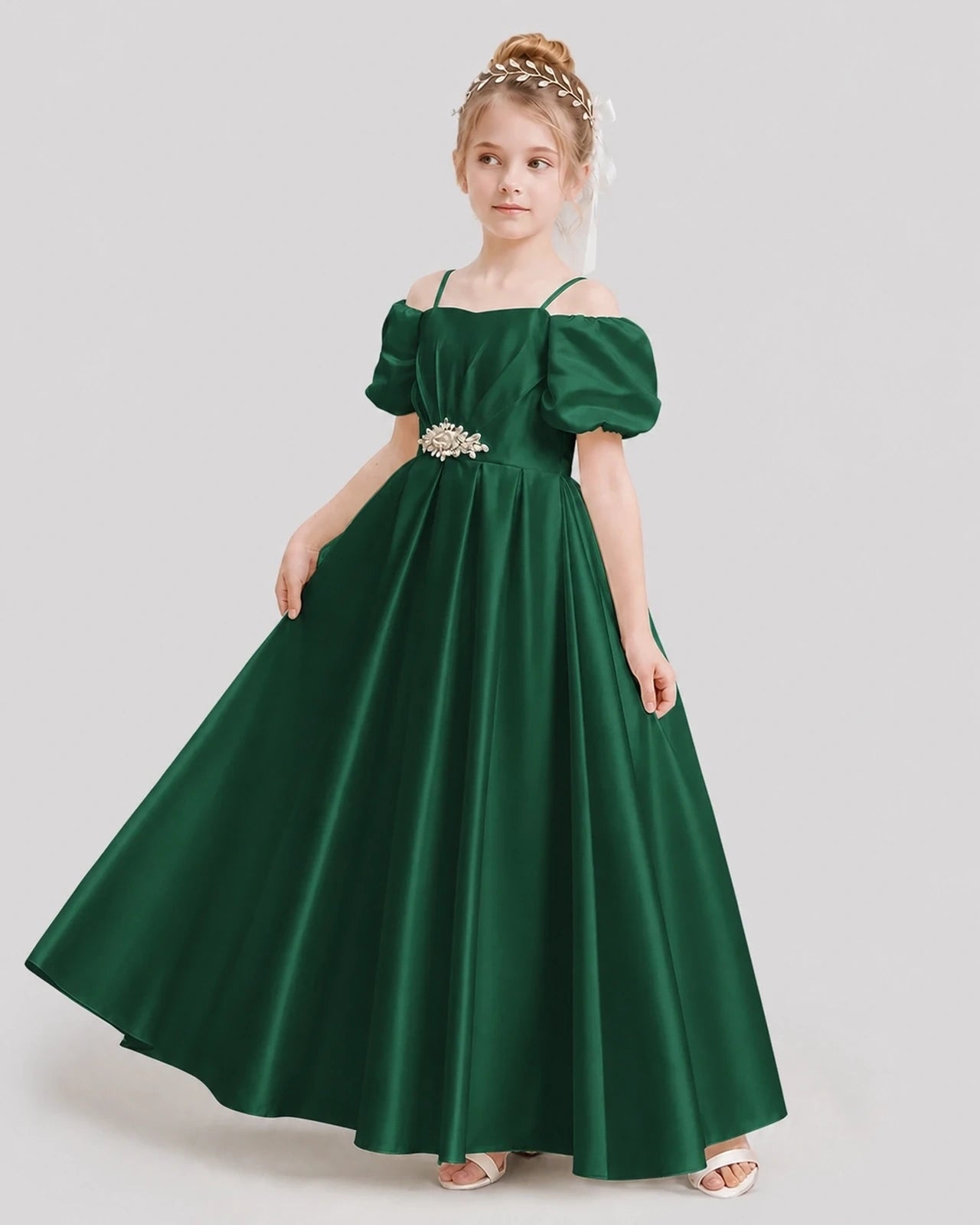 Dideyttawl Off the Shoulder Puff Sleeve Satin Girl Formal Dress