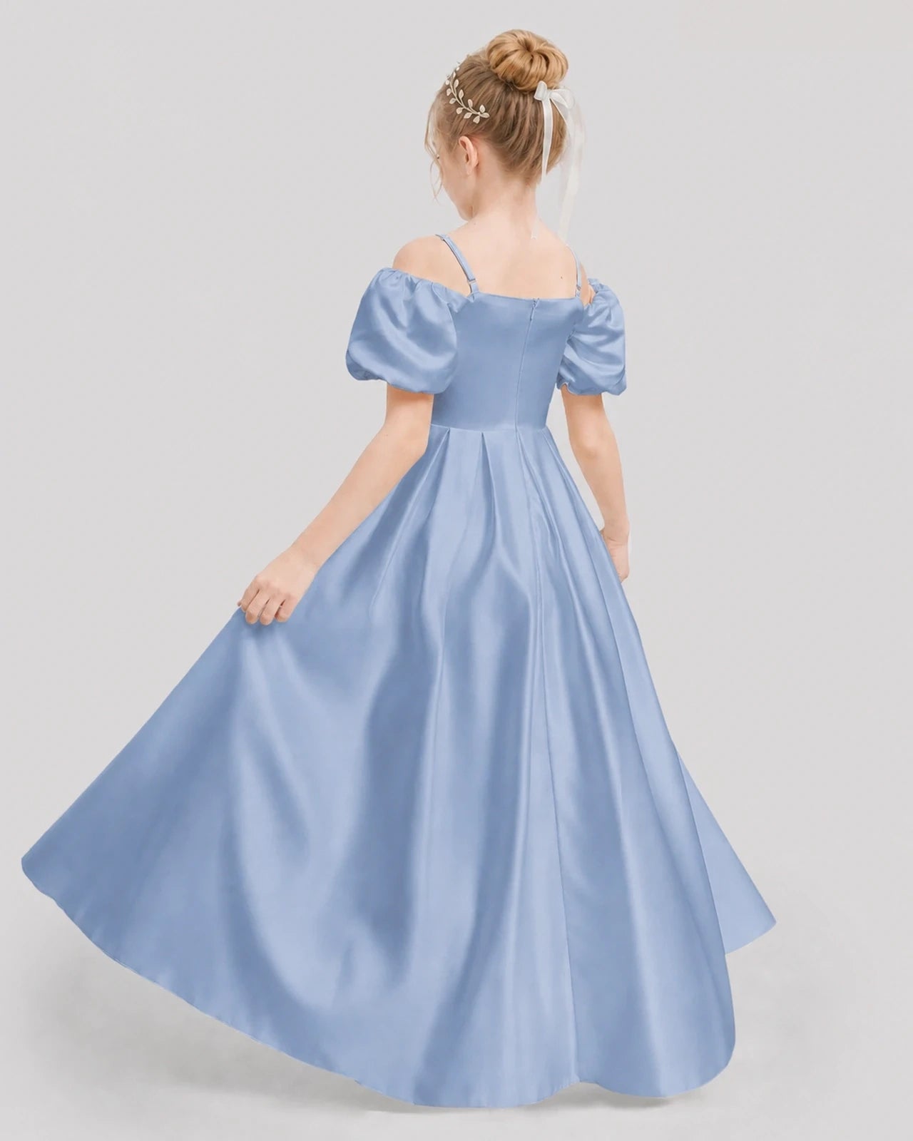 Dideyttawl Off the Shoulder Puff Sleeve Satin Girl Formal Dress