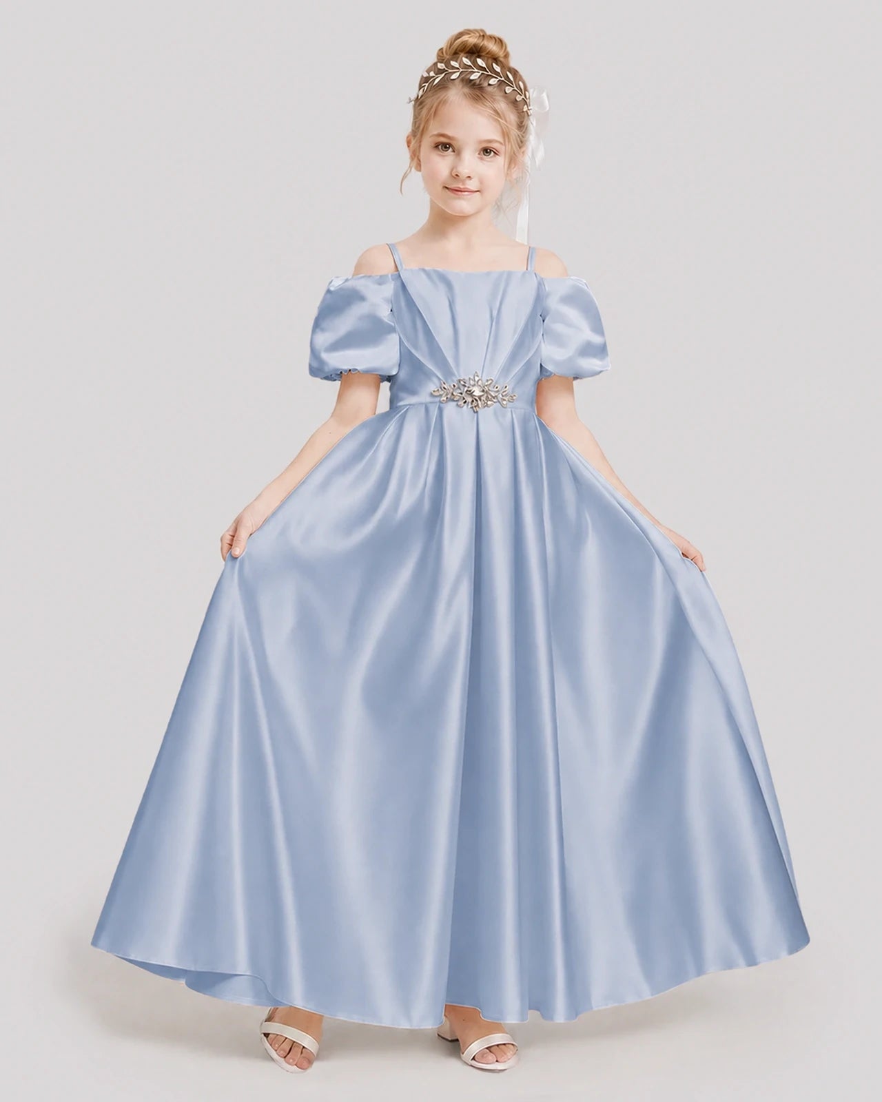 Dideyttawl Off the Shoulder Puff Sleeve Satin Girl Formal Dress