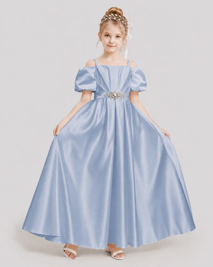 Dideyttawl Off the Shoulder Puff Sleeve Satin Girl Formal Dress