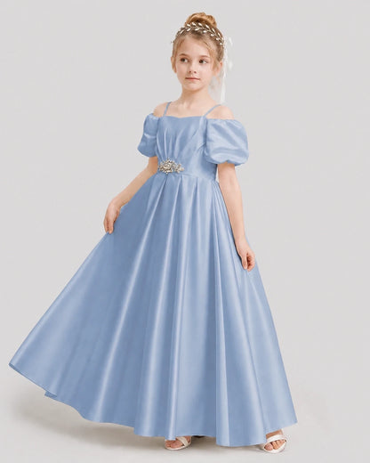 Dideyttawl Off the Shoulder Puff Sleeve Satin Girl Formal Dress