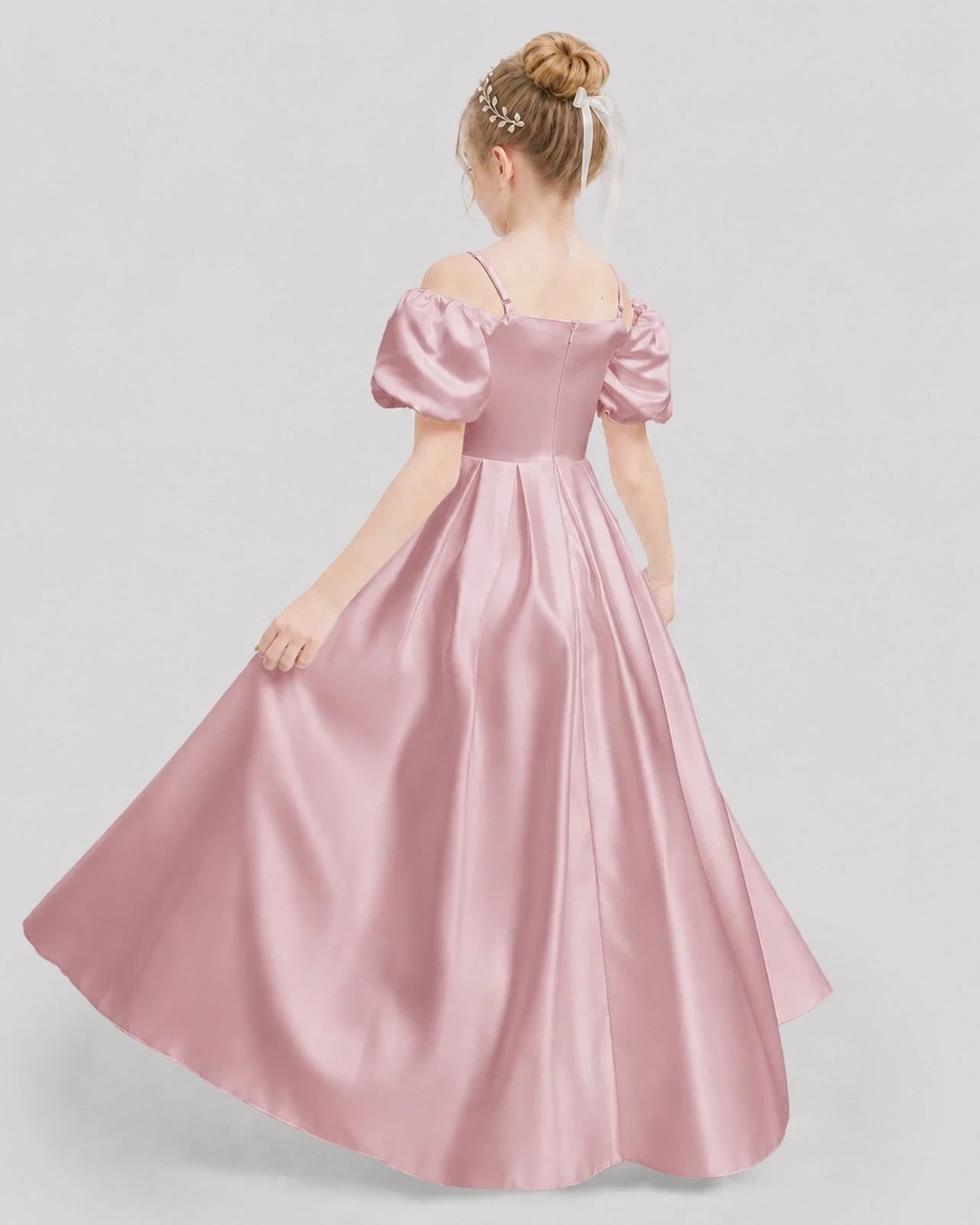 Dideyttawl Off the Shoulder Puff Sleeve Satin Girl Formal Dress