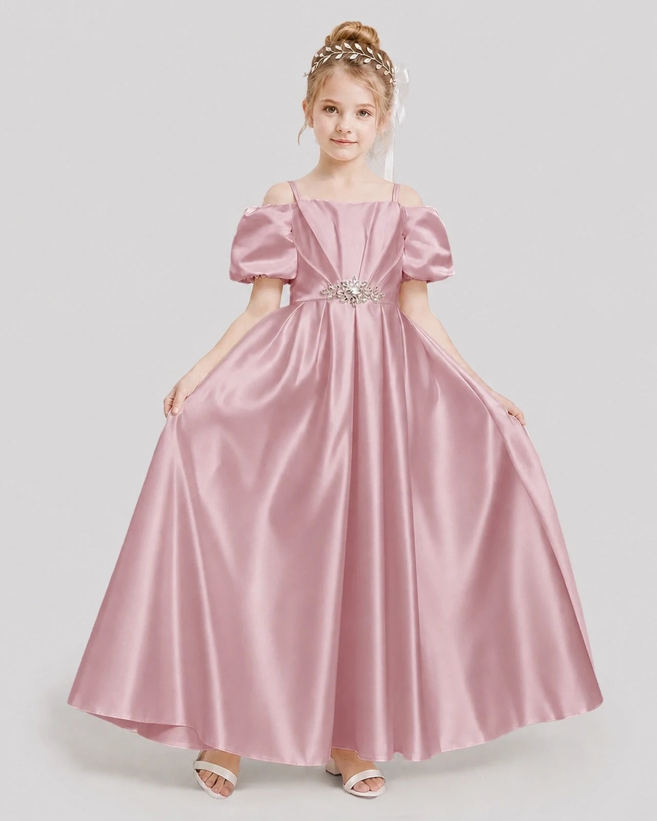 Dideyttawl Off the Shoulder Puff Sleeve Satin Girl Formal Dress