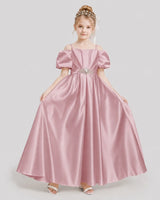 Dusty Rose Satin Cold-Shoulder Girls Formal Dresses Front View