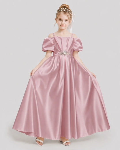 Dideyttawl Off the Shoulder Puff Sleeve Satin Girl Formal Dress
