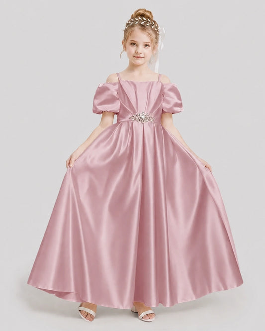 Dusty Rose Satin Cold-Shoulder Girls Formal Dresses Front View
