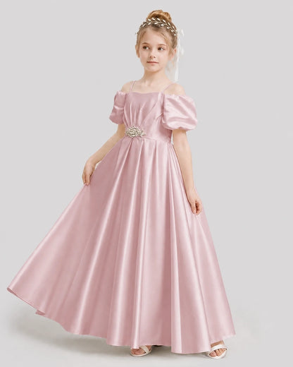 Dideyttawl Off the Shoulder Puff Sleeve Satin Girl Formal Dress