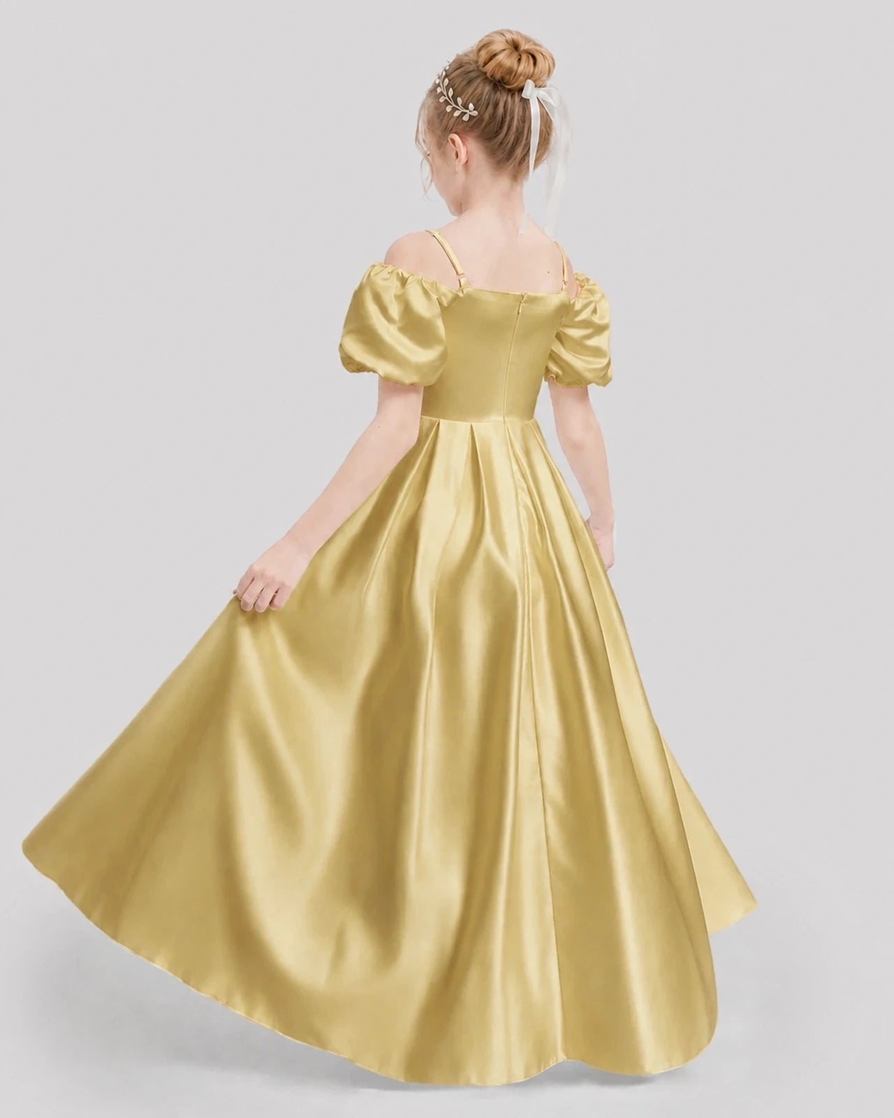 Dideyttawl Off the Shoulder Puff Sleeve Satin Girl Formal Dress