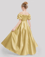 Gold Satin Off-Shoulder A-Line Girls Formal Dresses Back View