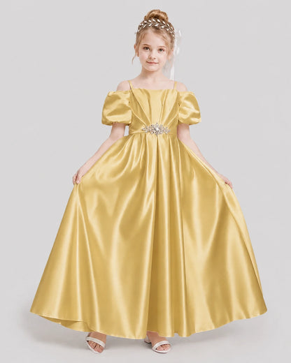 Dideyttawl Off the Shoulder Puff Sleeve Satin Girl Formal Dress