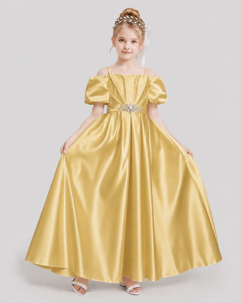Gold Satin Off-Shoulder Ball Gown Girls Formal Dresses Front View
