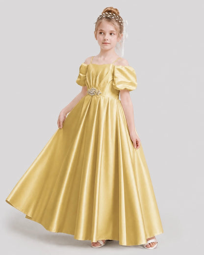 Dideyttawl Off the Shoulder Puff Sleeve Satin Girl Formal Dress