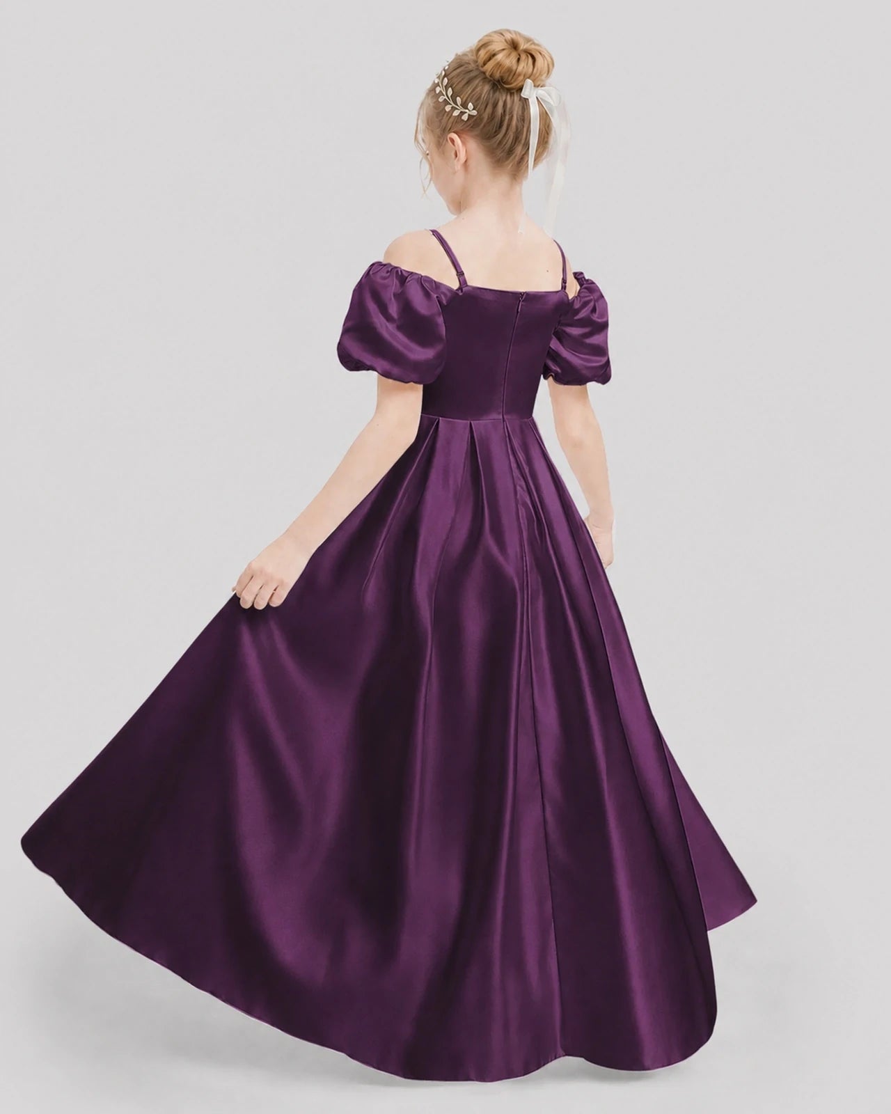 Dideyttawl Off the Shoulder Puff Sleeve Satin Girl Formal Dress