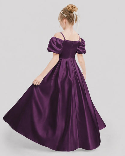 Dideyttawl Off the Shoulder Puff Sleeve Satin Girl Formal Dress