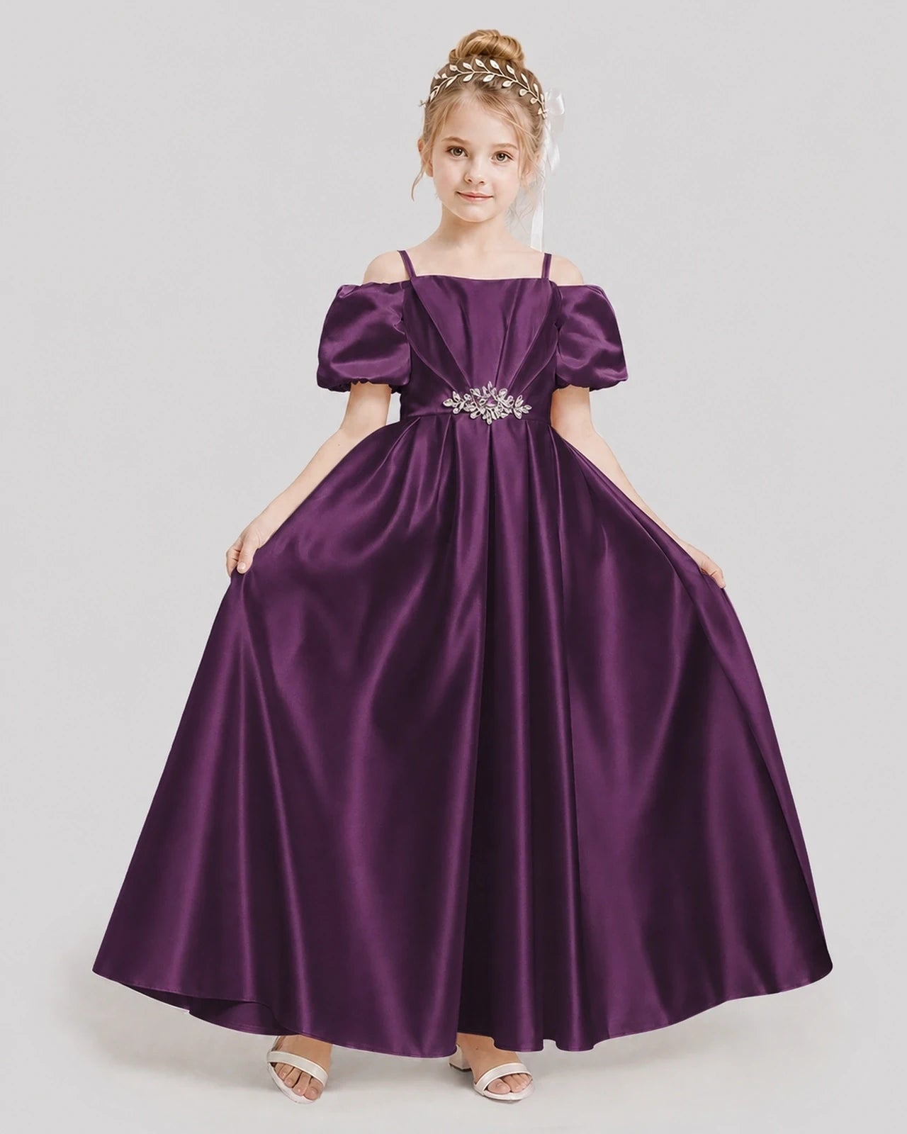Dideyttawl Off the Shoulder Puff Sleeve Satin Girl Formal Dress