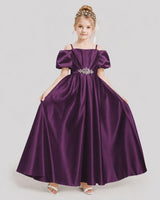 Grape Satin A-line Girls Formal Dresses Front View