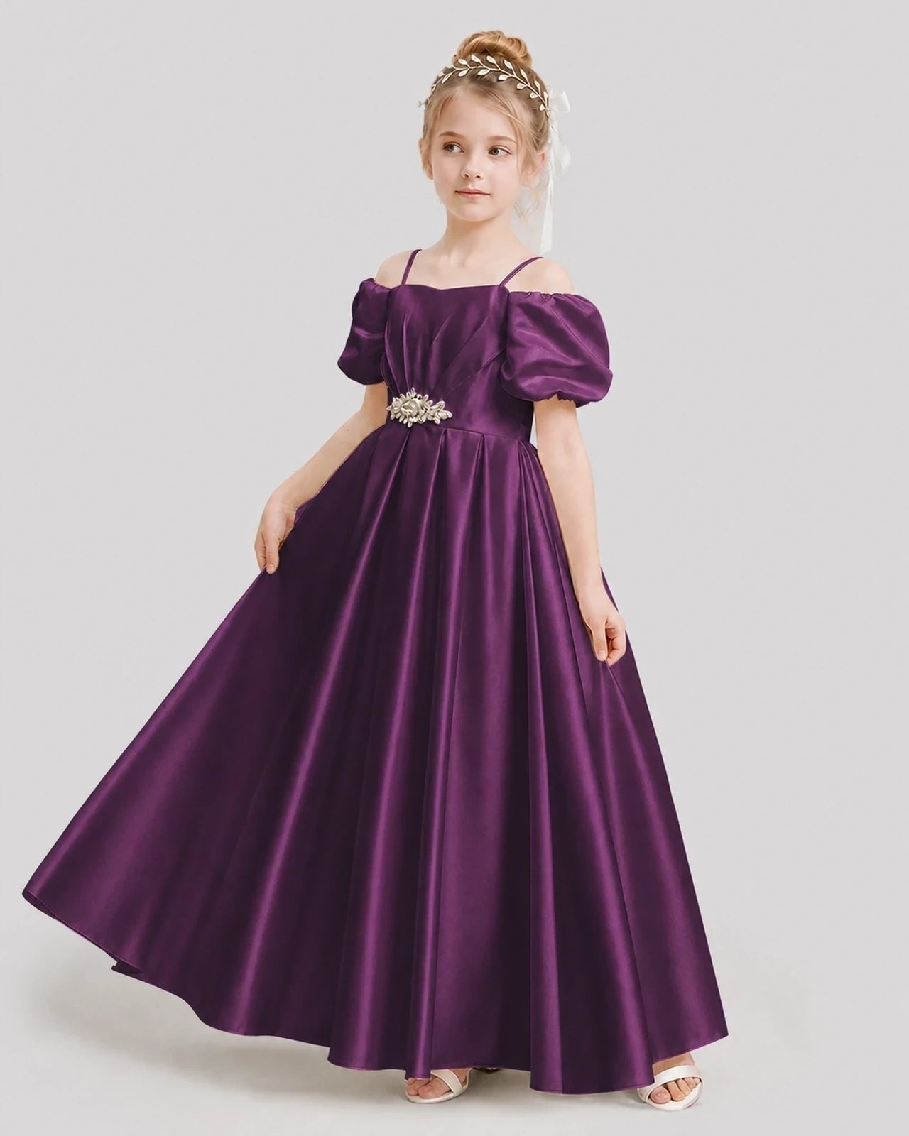 Dideyttawl Off the Shoulder Puff Sleeve Satin Girl Formal Dress